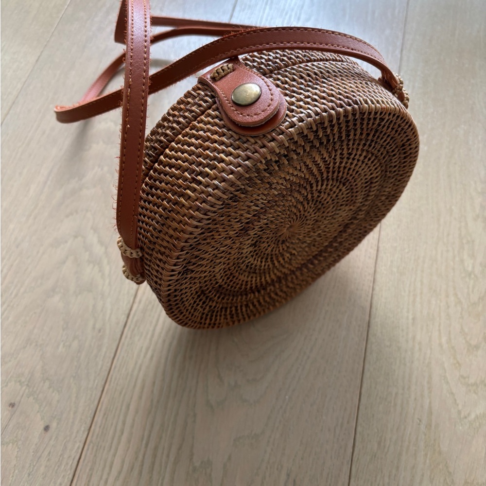 Brown Woven Round Crossbody Bag